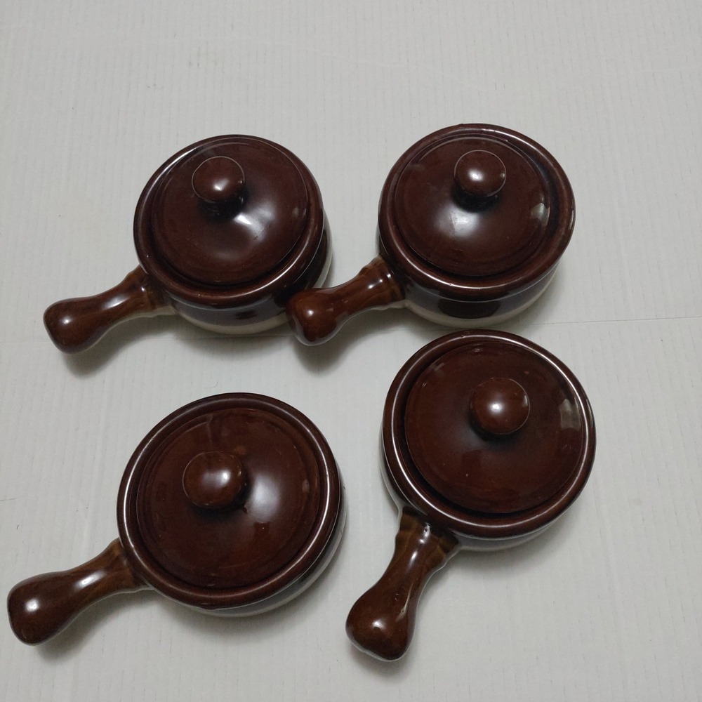 Vintage Set Of 4 Stoneware French Onion Soup Crocks with Lids Brown Glazed Gloss